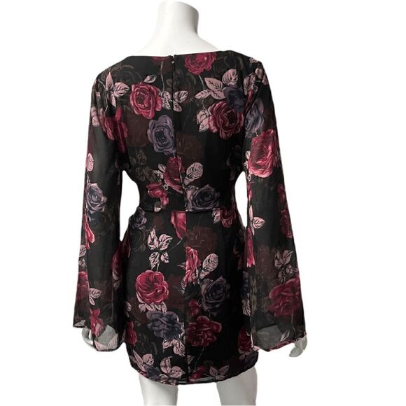 Guess Wide Long Sleeve V Neck Floral Mini Dresd - Picture 4 of 7
